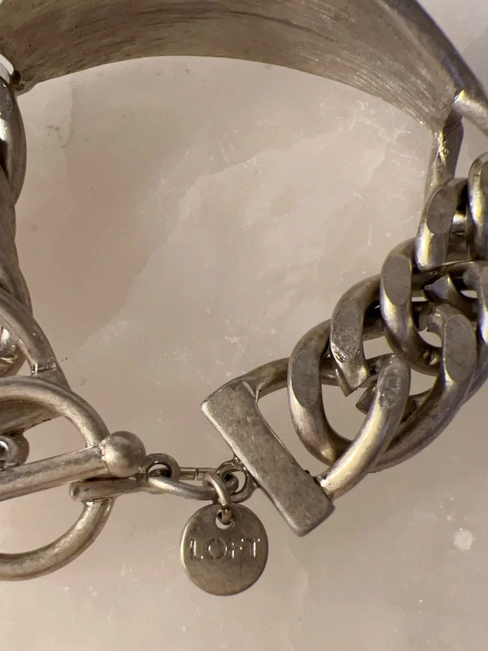 LOFT dark grey silver chunky toggle ID bracelet with Black oval centerpiece